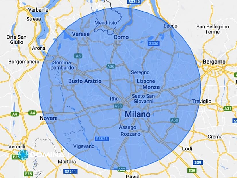 Una mappa che mostra le zone dove Domina Pulizie scvolge i propri servizio di pulizia straordinaria di appartamenti e ville.
