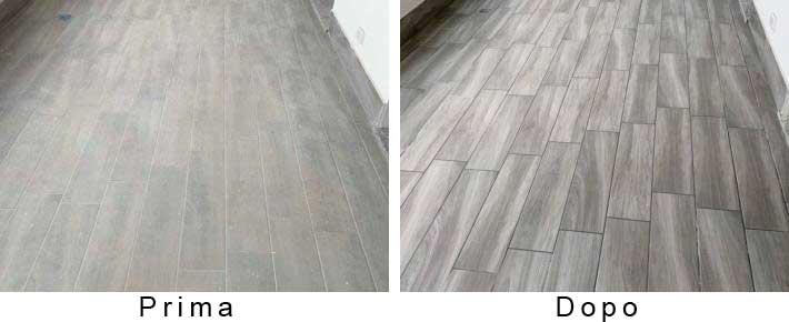 trattamento-pavimenti-prima-dopo Immagini prima e dopo di un pavimento piastrellato sottoposto al trattamento di pulizia.