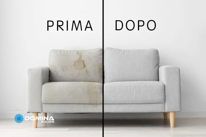 Foto di un divano prima e dopo il servizio di Pulizia Divani a Domicilio a Monza di Domina Pulizie