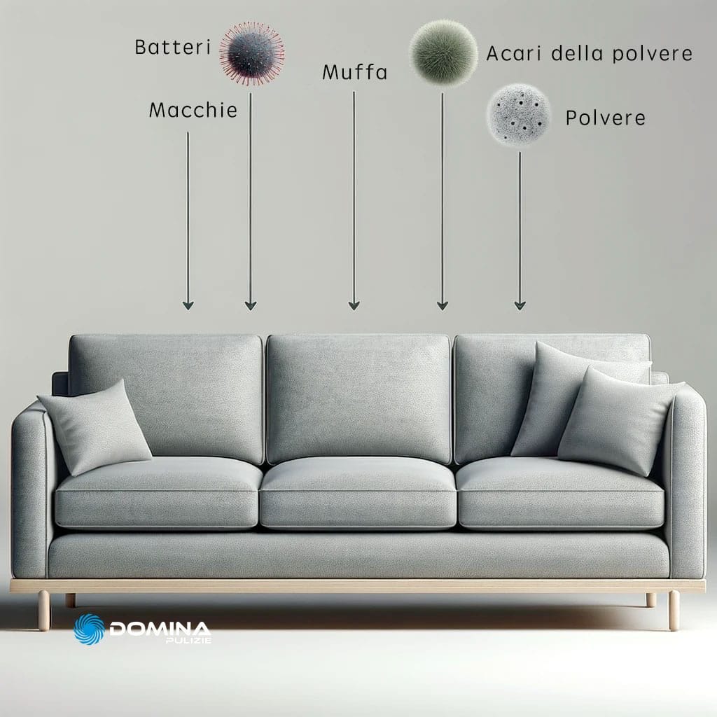 Uno schema che mostra le diverse tipologie di divani e l'offerta dei servizi Pulizia Divani a Domicilio.