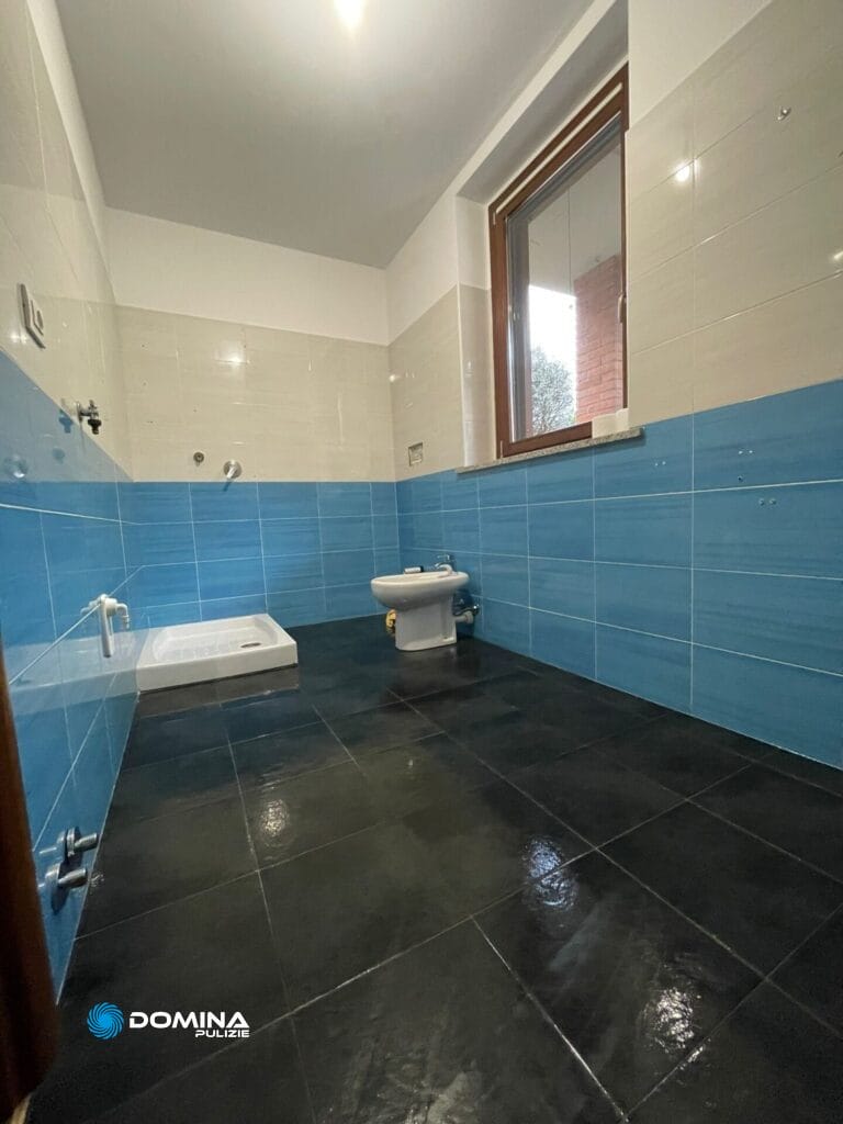 Un bagno piastrellato blu in una casa con wc e lavandino.