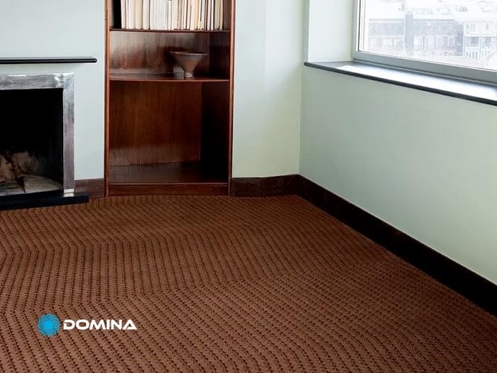 Angolo interno di una stanza che mostra una moquette dopo il lavaggio, un caminetto e una libreria con libri.