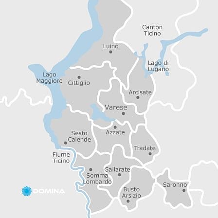 Mappa che mostra le zone della provincia di Varese in Italia, con aree evidenziate tra cui Varese, Sesto Calende, Busto Arsizio e altre, dove opera l'impresa di pulizie Domina.