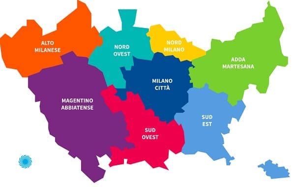 Mappa dell'area metropolitana di Milano divisa in sette zone codificate a colori: Alto Milanese, Nord Ovest, Nord Milano, Adda Martesana, Milano Città, Magentino Abbiatense, Sud Ovest e Sud Est. Esplora i nostri Servizi Professionali per ogni area con Domina Pulizie per mantenere incontaminato il tuo ambiente.