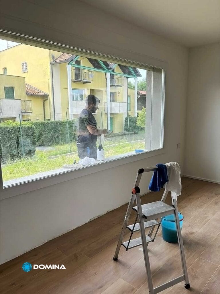 Si vede una persona che pulisce l'esterno di una grande finestra dall'interno di una stanza, con una scala a pioli e prodotti per la pulizia vicino alla finestra, a ricordare la cura meticolosa fornita dal servizio di pulizie di fine cantiere di Domina Pulizie a Desio.