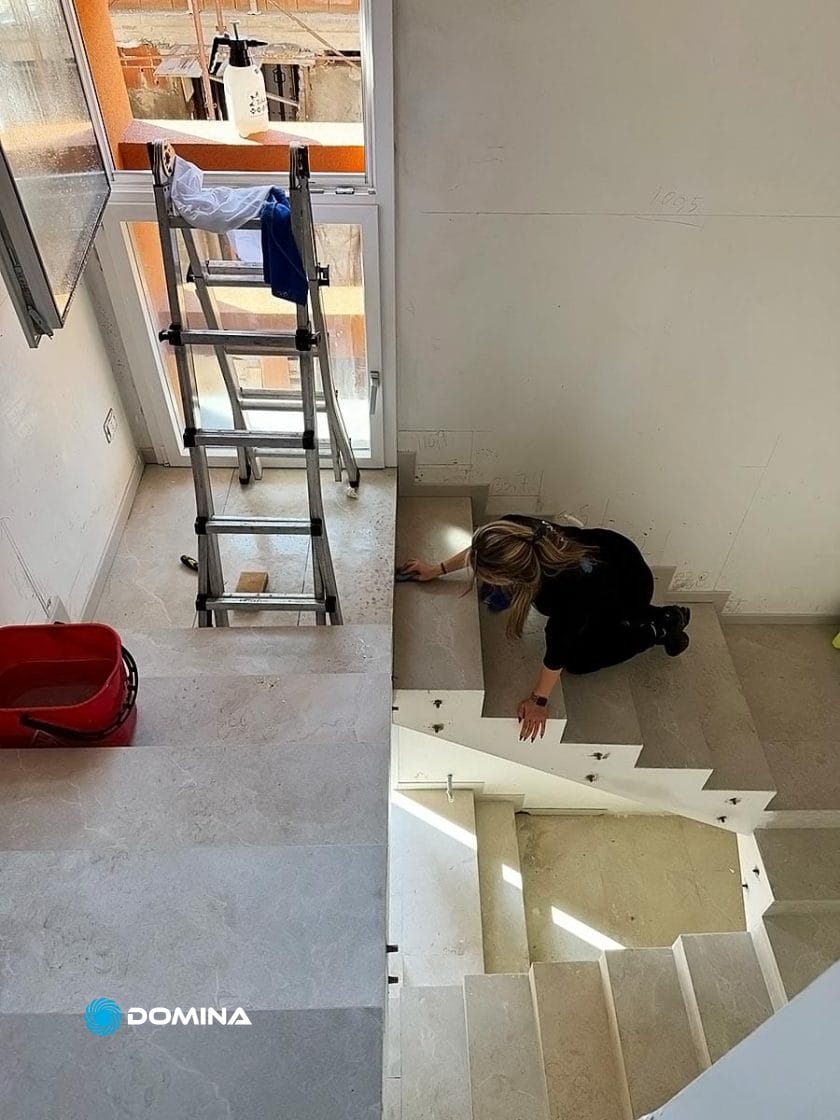 Un addetto della Domina Impresa di pulizie sta pulendo una scala con uno straccio; lì vicino ci sono un secchio rosso e una scala ripiegata, mentre la luce del sole filtra attraverso una grande finestra aperta a Nova Milanese.