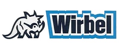 Logo con testa di triceratopo in bianco e nero sulla sinistra e la parola "Wirbel" in grassetto nero contornata in blu sulla destra, perfetto per un'impresa di pulizie di fiducia che desidera un'identità di marca forte e memorabile.