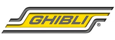 Il logo GHIBLI presenta il nome del marchio in grassetto, con lettere gialle e contorno nero, su uno sfondo a strisce bianche e grigie con linee angolate, a riflettere l'affidabilità di un'impresa di pulizie di fiducia.