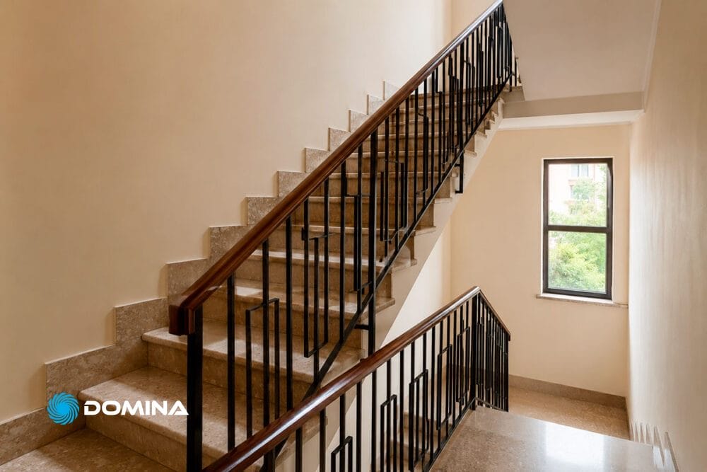 Una scala interna ben illuminata con gradini beige, corrimano scuro e balaustre in metallo nero si trova accanto a una finestra che mostra il verde, un tocco invitante che si vede spesso negli spazi curati da pulizie uffici Garbagnate Milanese.